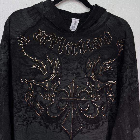 Affliction Hoodie Mens Large Reversible Shredded Dusk Skull Fleur De Lis Y2K NEW - Picture 6 of 14